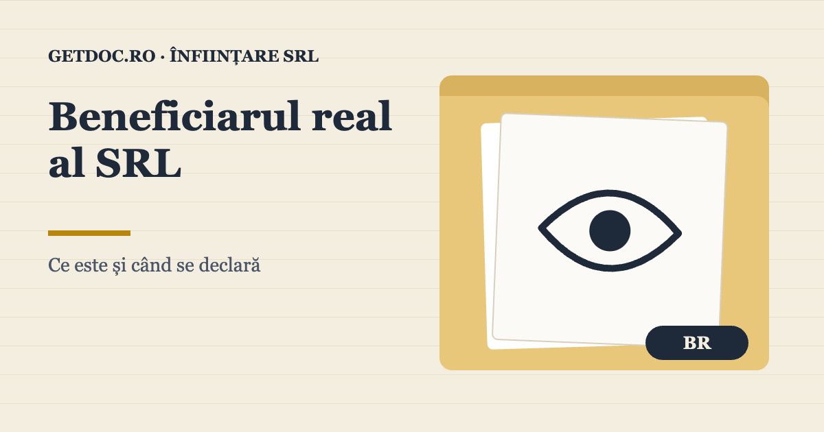 Beneficiarul real al SRL – ce este și când se declară, ilustrație cu un ochi și un dosar